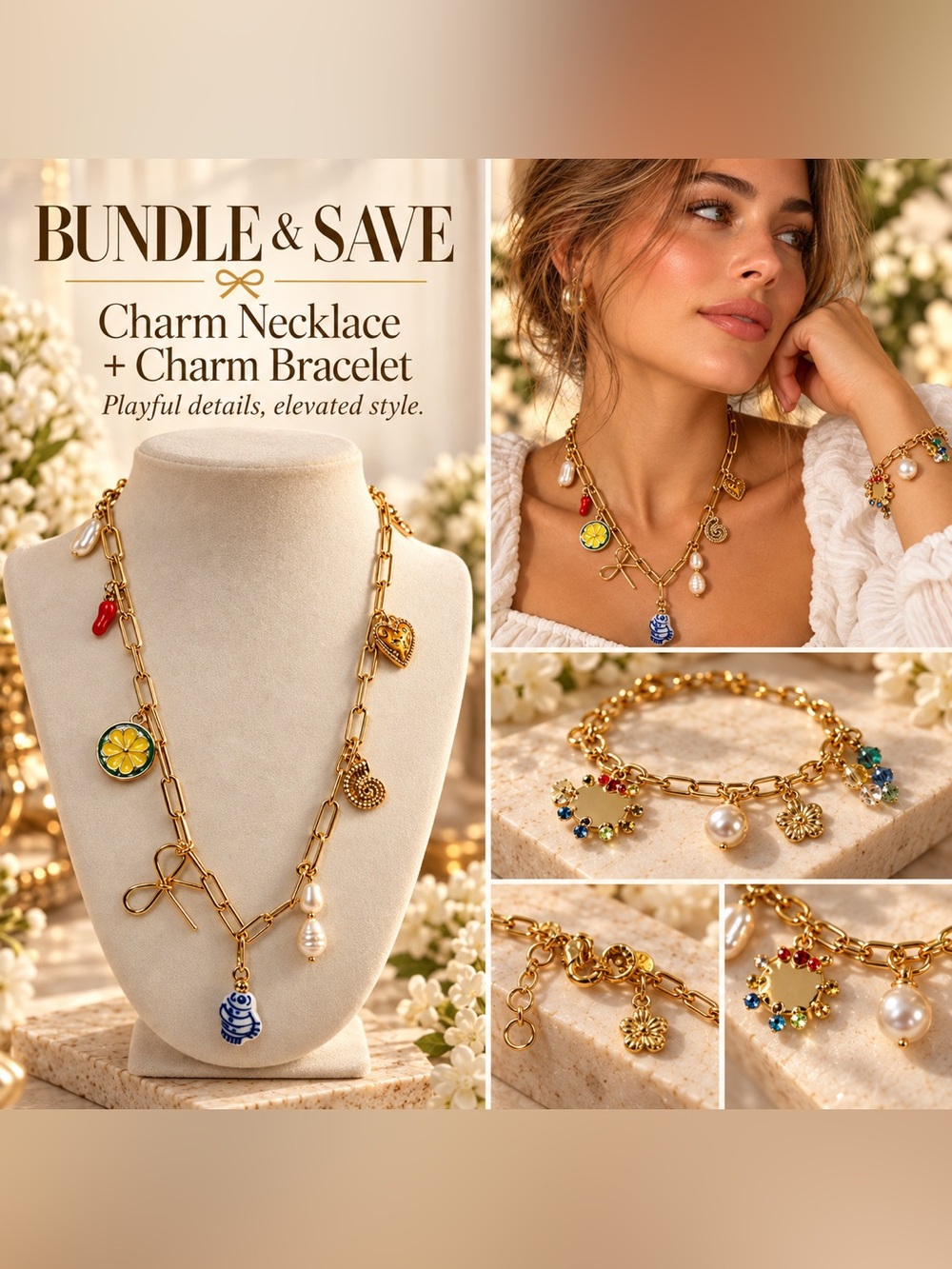 Gold Charm Bracelet Pearl Butterfly Ladybug Multicolor Crystal 🗽🖤